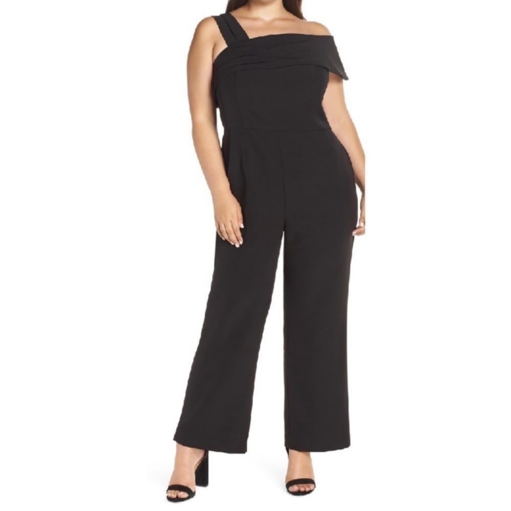 ELIZA J JUMPSUIT PLUS SIZE 20W - BLACK ASYMMETRICAL NECKLINE WIDE LEG